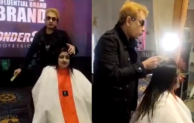 viral video indian hairstylist jawed habib spits on woman head