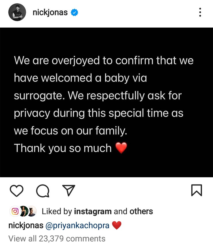 Priyanka Chopra Nick Jonas first child baby surrogate surrogacy