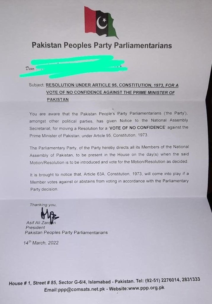 Asif Ali Zardari, PPP MNAs, Article 63-A, no-confidence motion