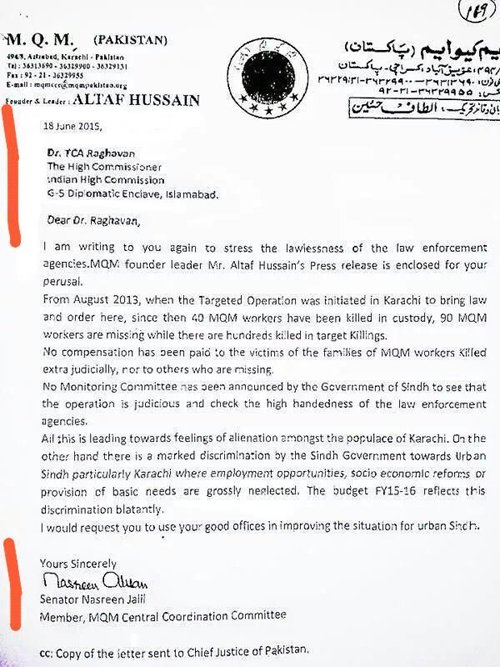 Nasreen Jalil, letter to India, Sindh governor