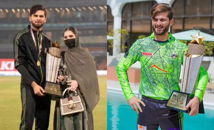 shaheen shah afridi with trophy and wife, شاہین شاہ آفریدی