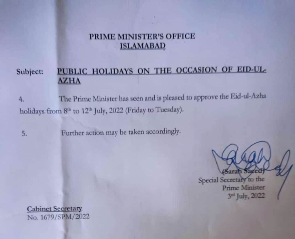 Holidays on the occasion of Eid-ul-Adha