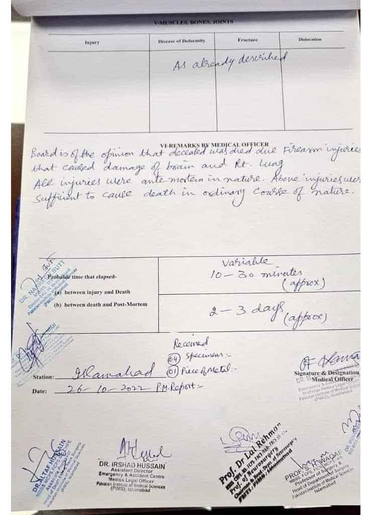 Postmortem report of slain journalist Arshad Sharif.