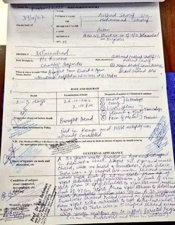 Postmortem report of slain journalist Arshad Sharif.