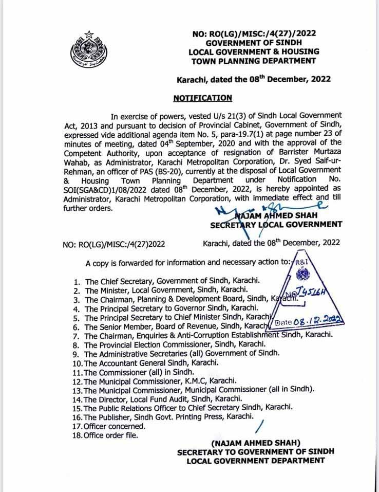 Dr. Saifur Rehman Administrator Karachi